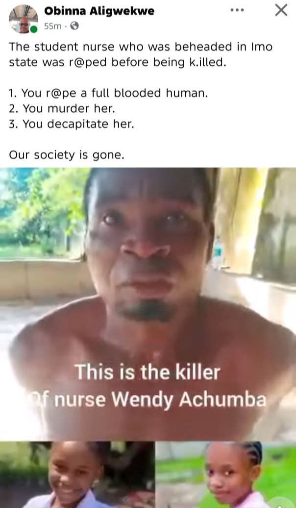 Suspect who murd�red nurse Chinwendu Achumba in her room in Imo is identified as vulcaniser whose advances she refused (video)