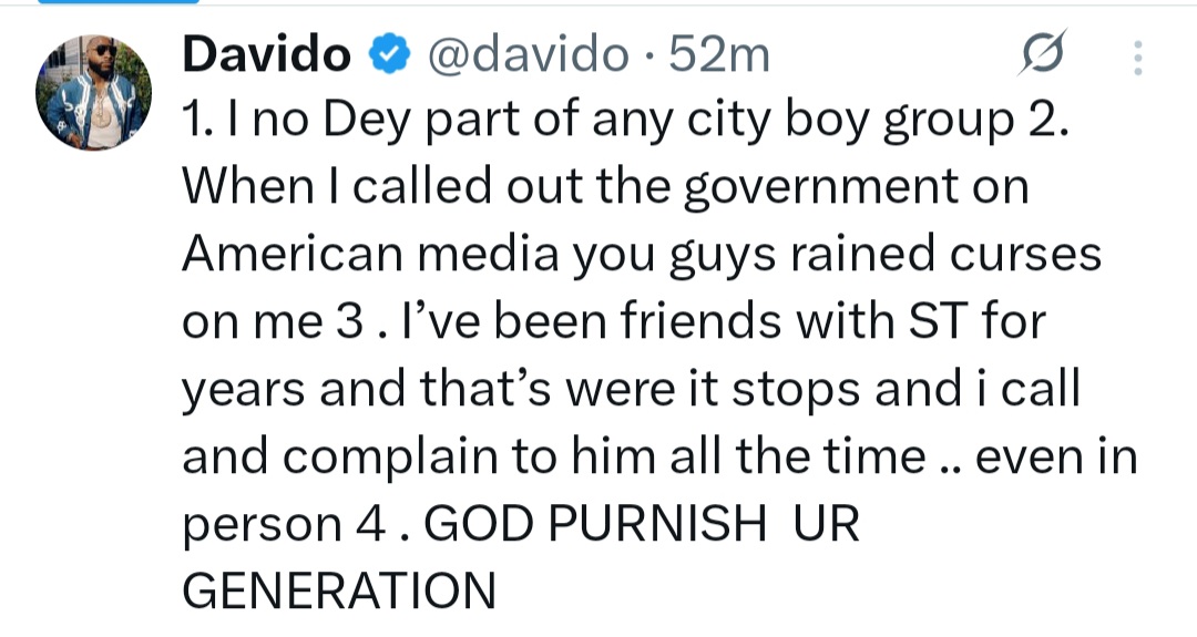 Singer, Davido clears the air about his relationship with Seyi Tinubu after being called a hypocrite for lamenting injustice in the country