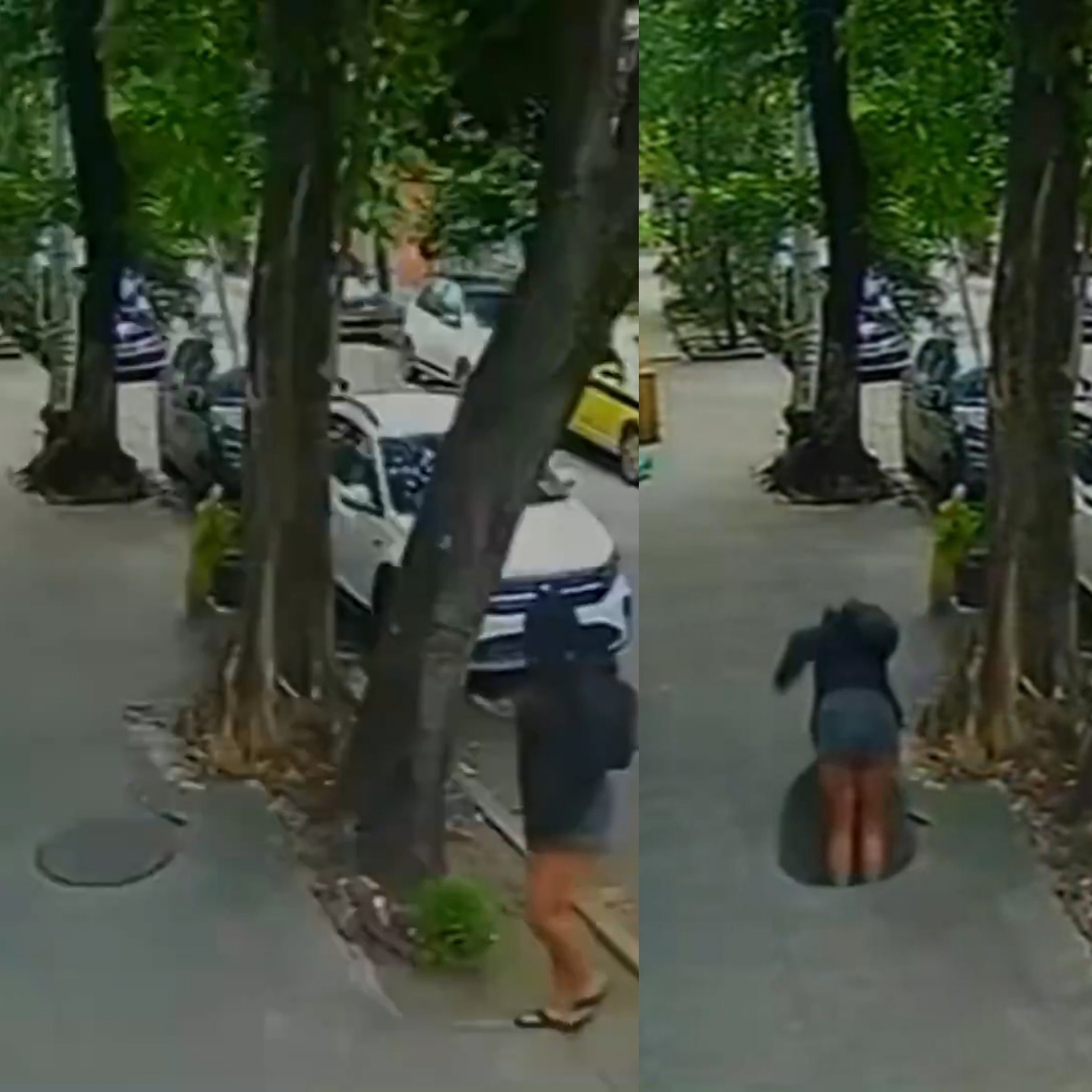 Terrifying moment woman falls down a manhole after cover gave way when she stepped on it (video)
