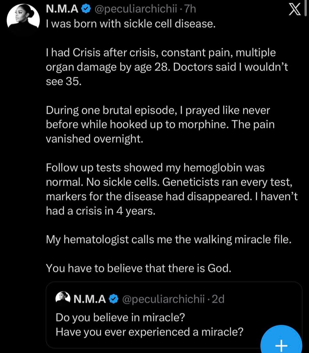 Woman born with sickle cell disease reveals how prayer changed her genotype