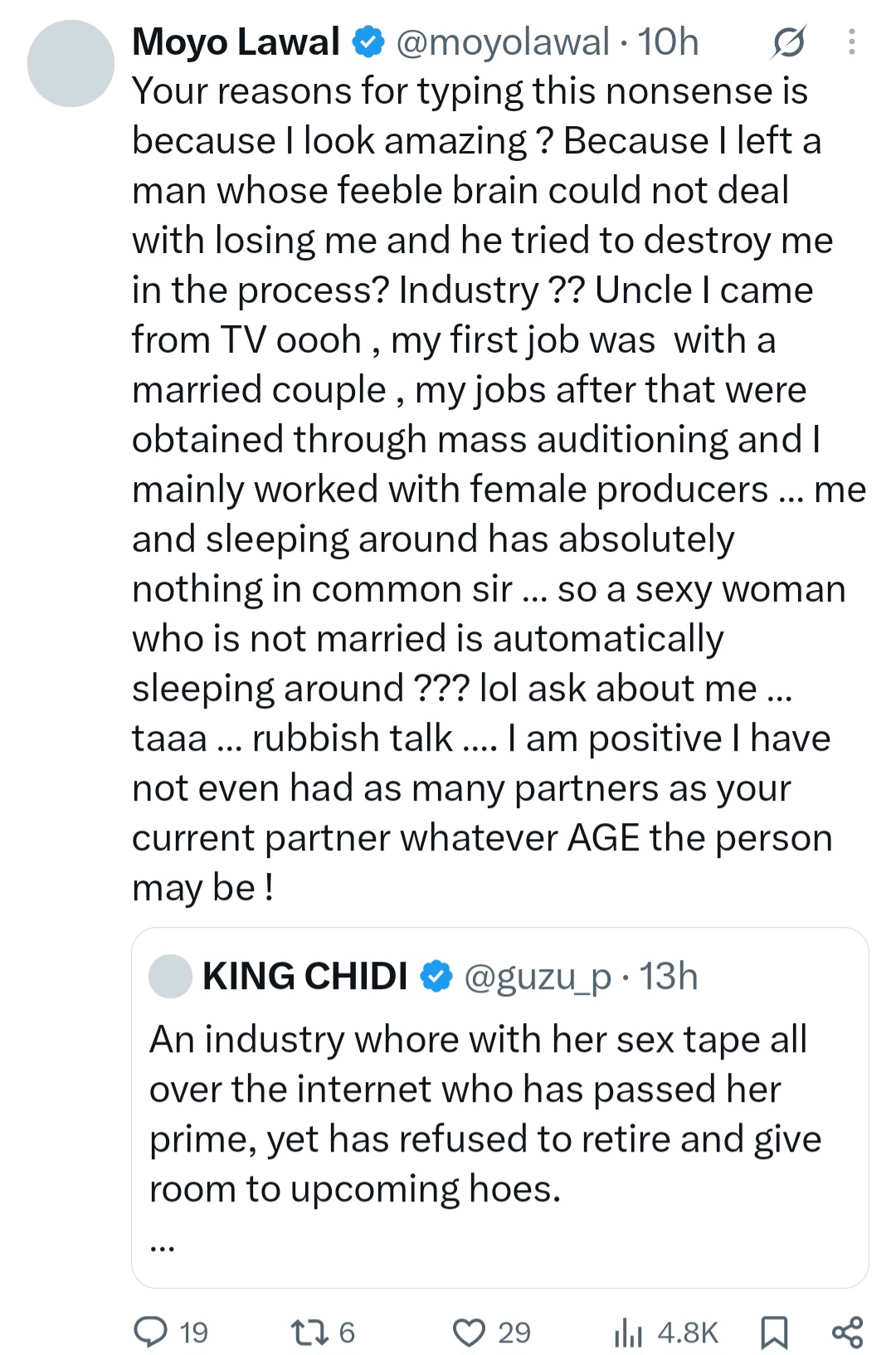 Actress Moyo Lawal responds to man who sl^t-shamed her