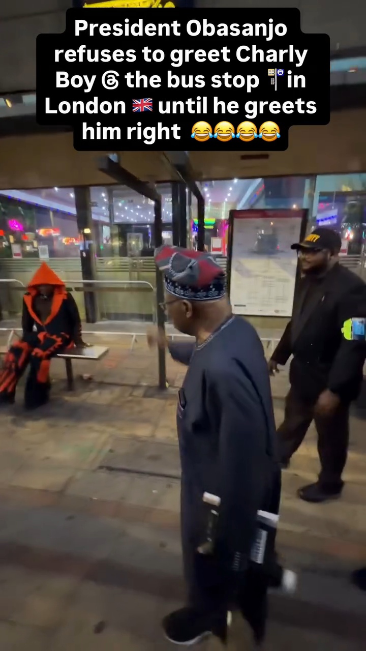 Ex-President Obasanjo refuses to acknowledge CharleyBoy in London unless he prostrates in adorable video