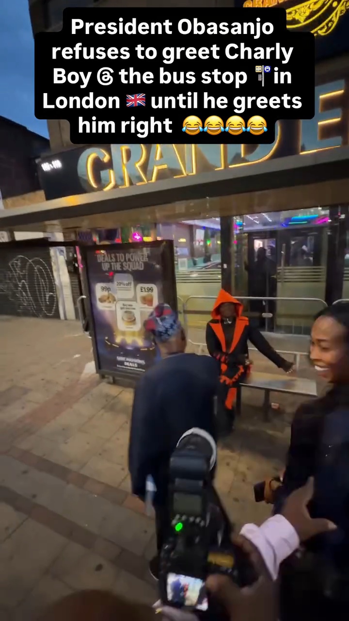 Ex-President Obasanjo refuses to acknowledge CharleyBoy in London unless he prostrates in adorable video