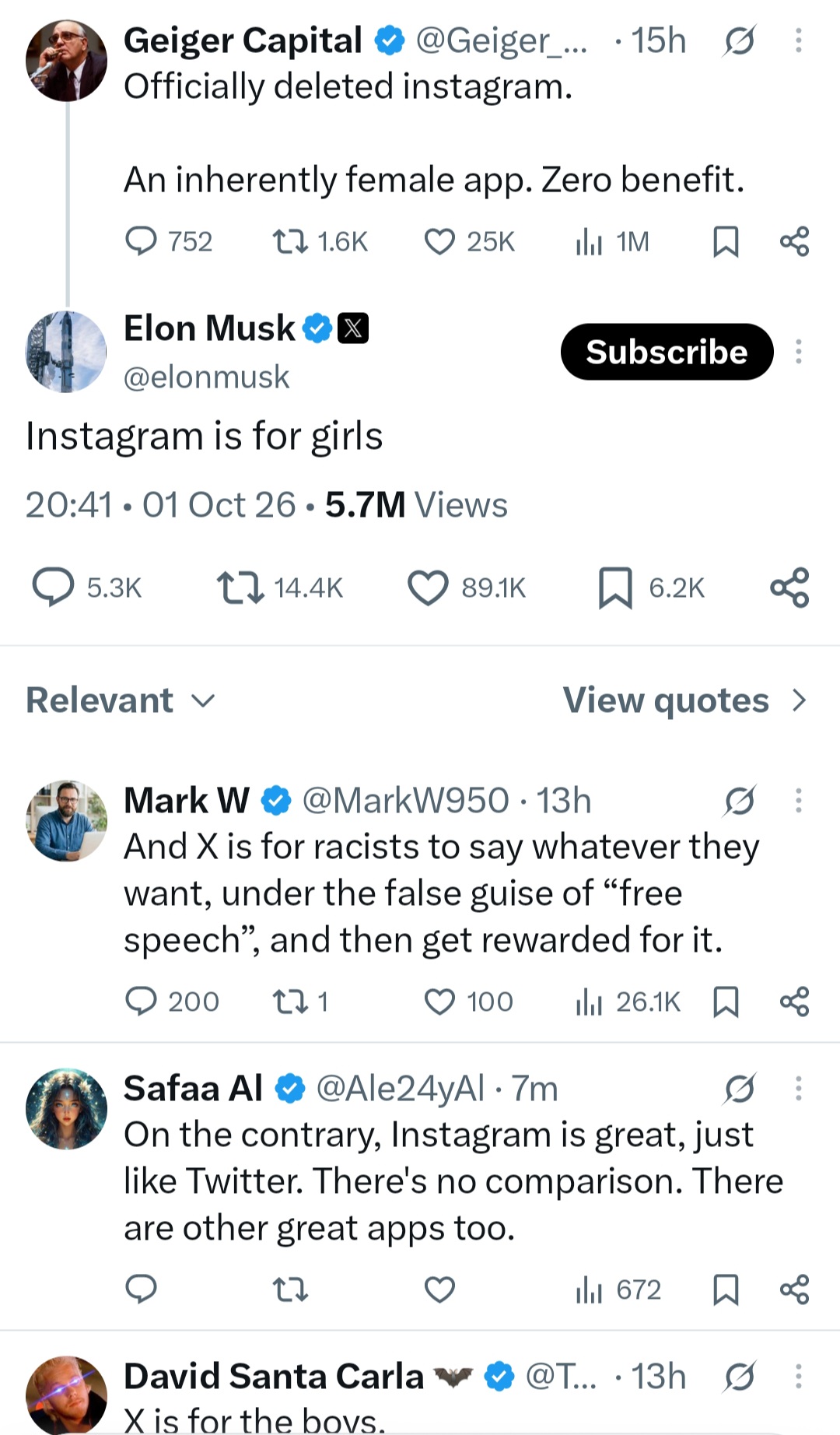 Instagram is for girls – Elon Musk says