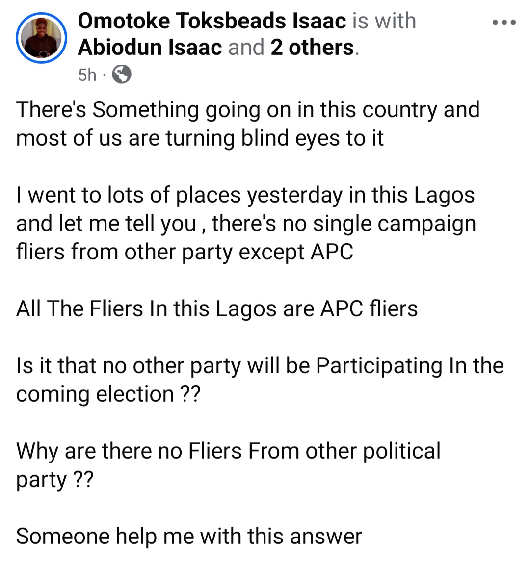 Woman shares observation in Lagos amid upcoming general elections