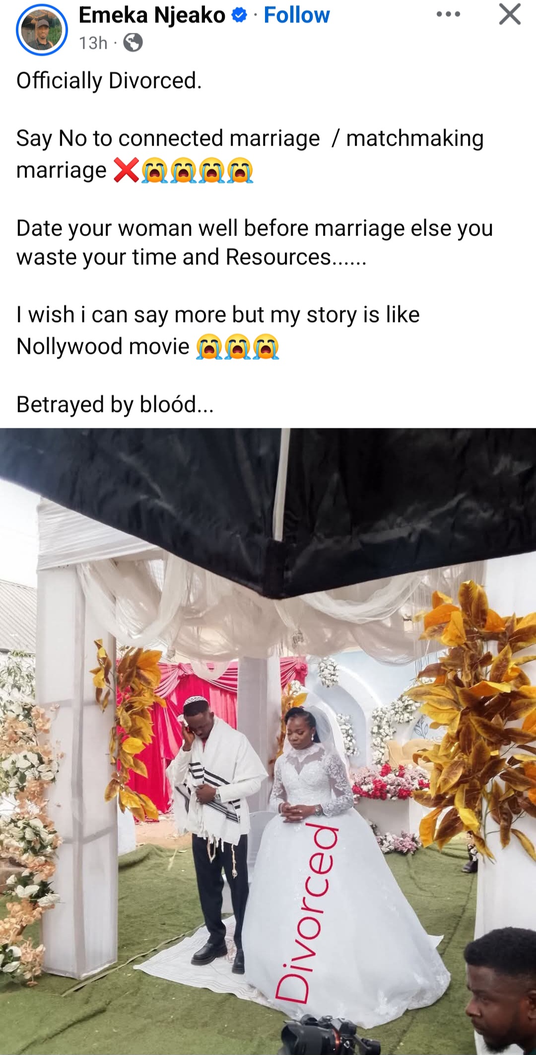 "My story is like Nollywood movie" Man shares warning as he announces divorce just months after wedding