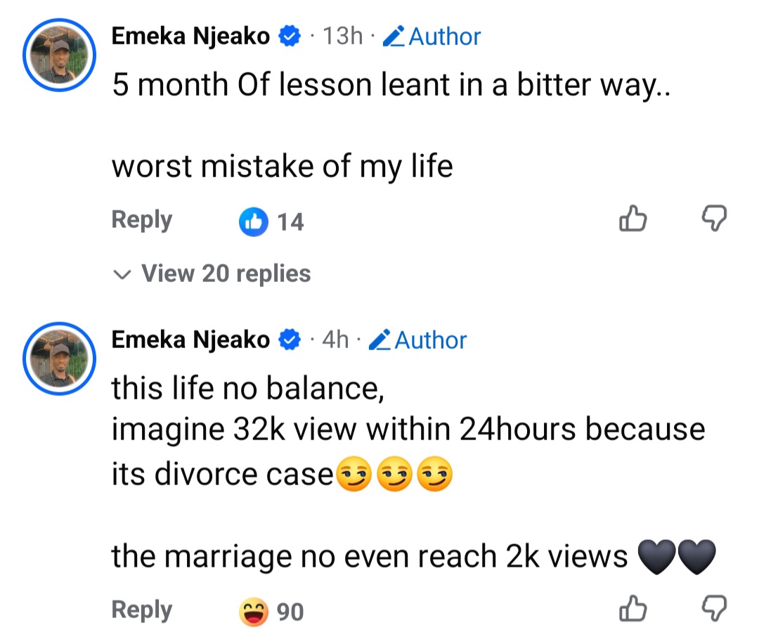 "My story is like Nollywood movie" Man shares warning as he announces divorce just months after wedding