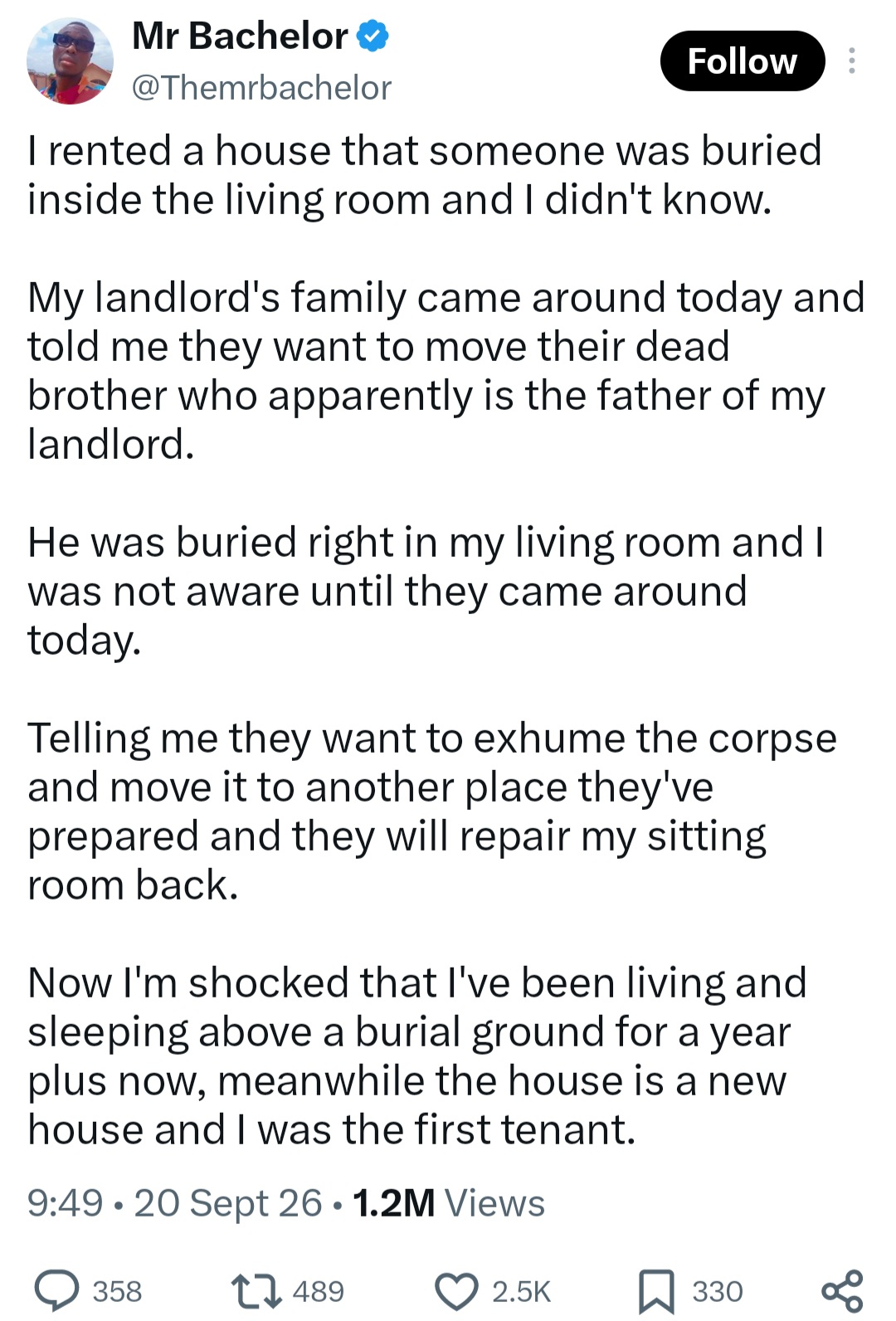 Tenant discovers corpse had been buried in living room of rented house he's been living in
