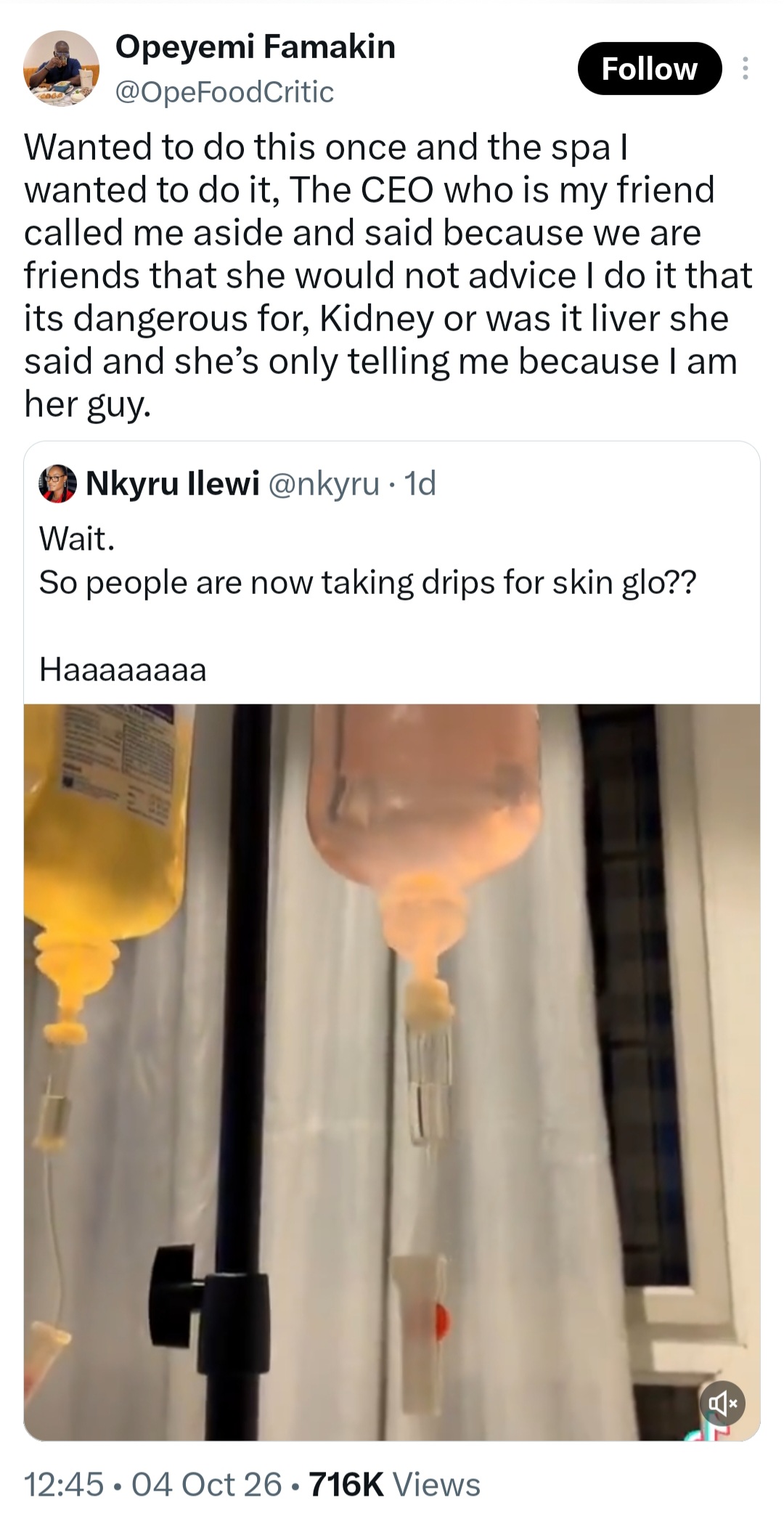Food critic, Opeyemi Famakin shares warning spa owner gave him against taking IV infusion for skin glow