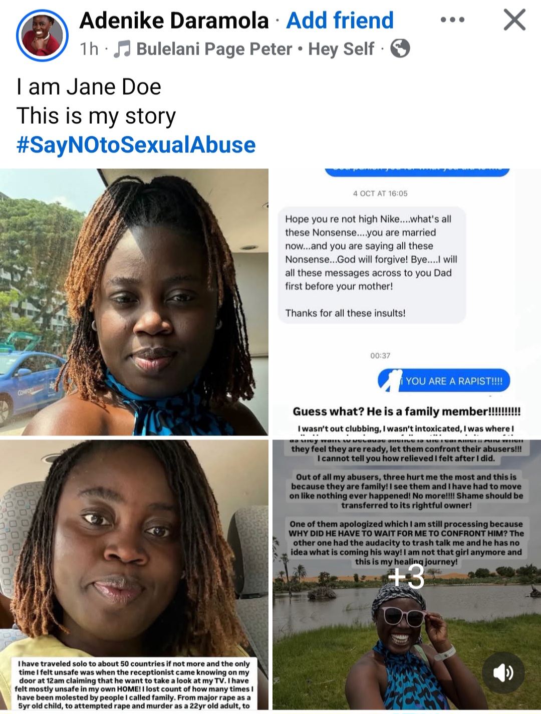 "Family covered him" Travel enthusiast Adenike Daramola shares message from her r@pist after she confronted him