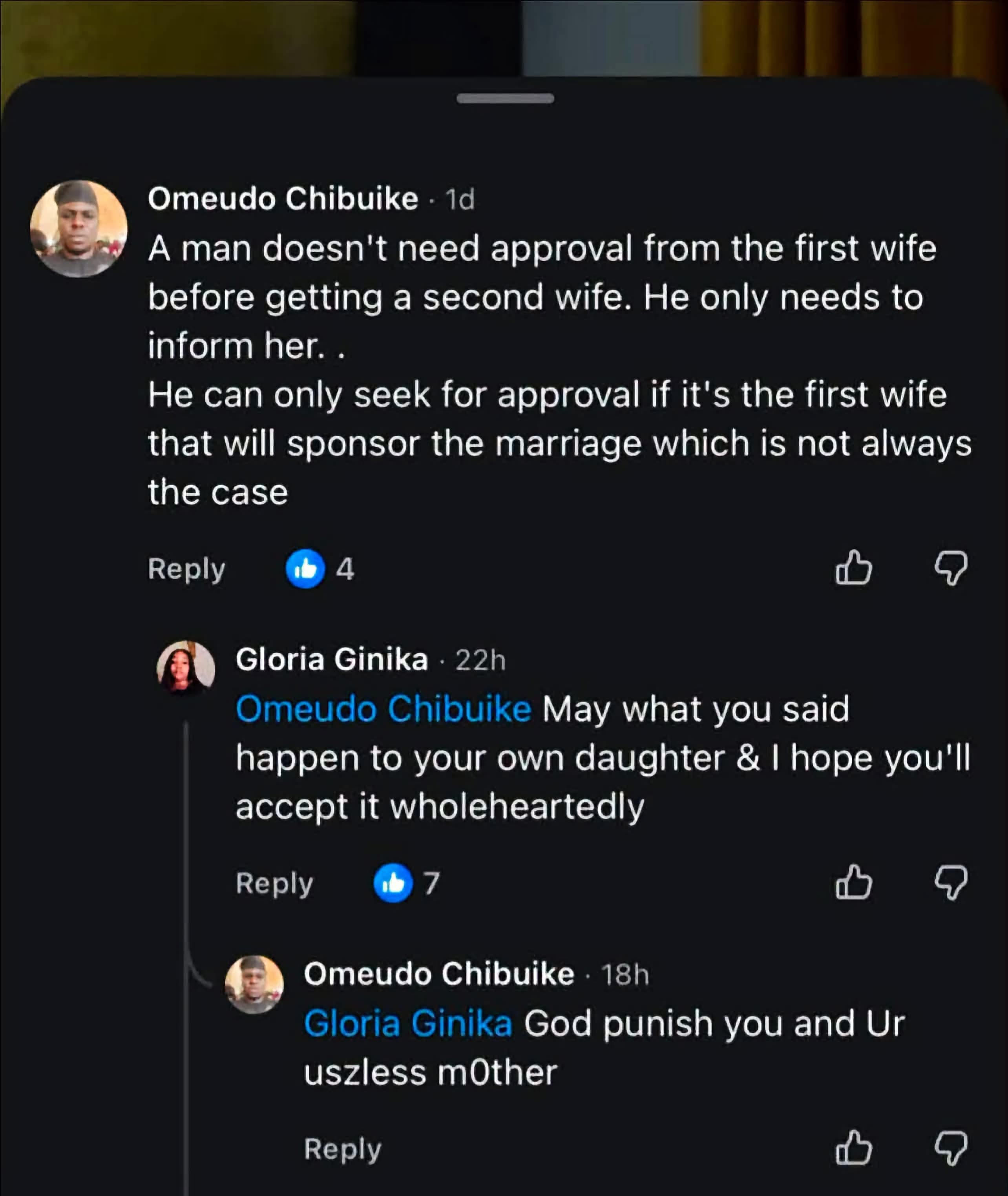 Married man explodes after being told that his stance on polygamy should apply to his daughter
