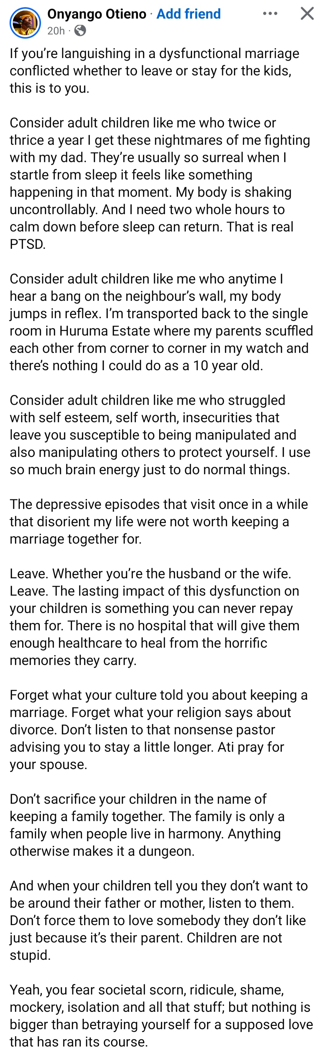 Man from dysfunctional home advises couples against staying for the kids as he shares how it affected him