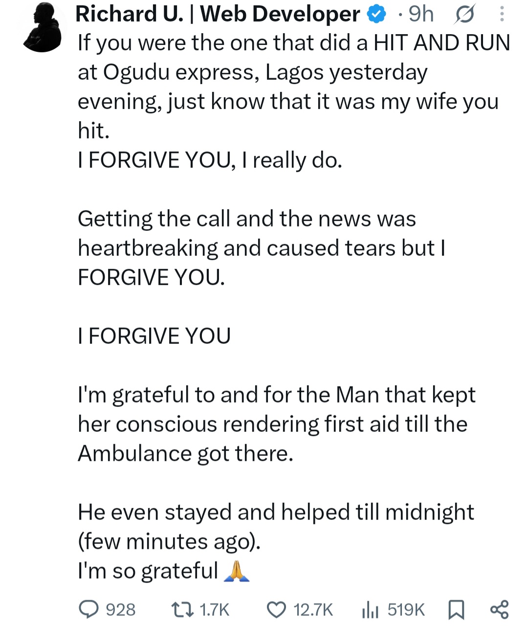 Man addresses hit-and-run driver who hit his wife and left her for de@d on Lagos road