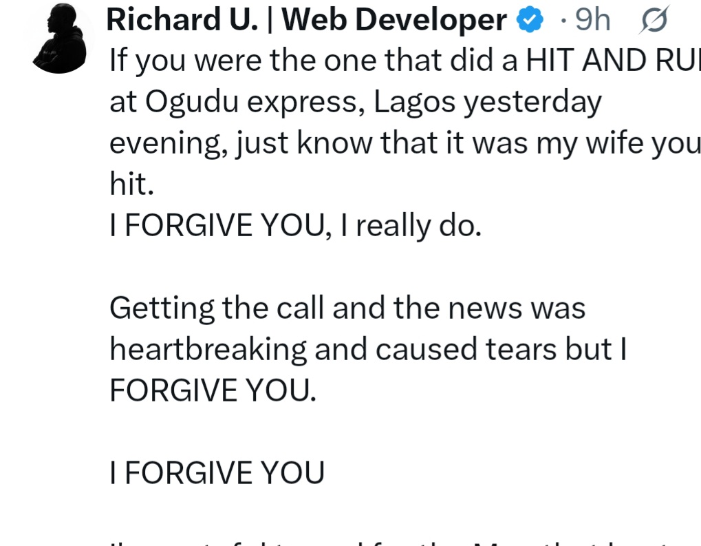Man addresses hit-and-run driver who hit his wife and left her for de@d on Lagos road