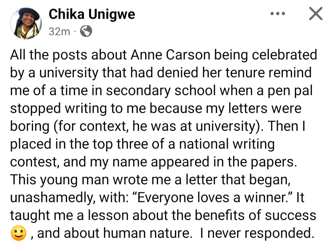 Nigerian novelist Chika Unigwe shares lesson she learnt after placing top three in a national writing contest