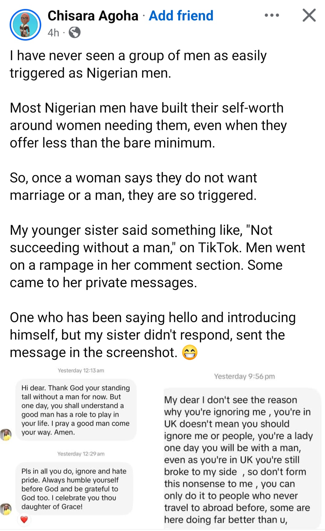 Woman shares chats Nigerian men sent to her sister after she declared her independence