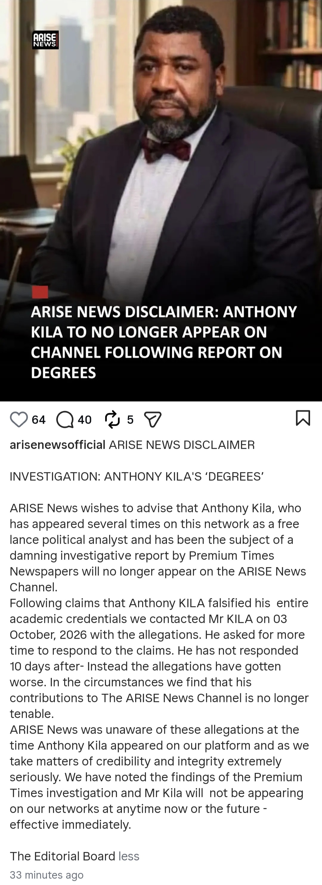 Politic analyst Anthony Kila dropped by media organisation over certificate forgery allegation