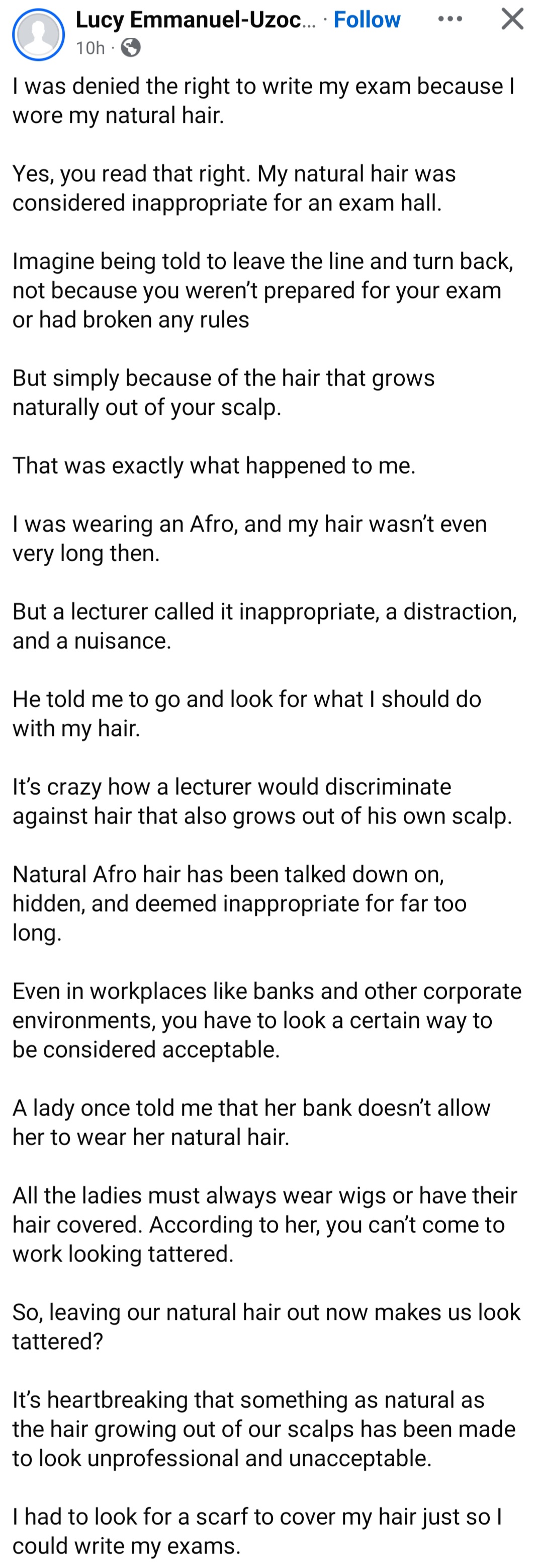 "I was denied the right to write my exam because I wore my natural hair" Woman narrates ordeal