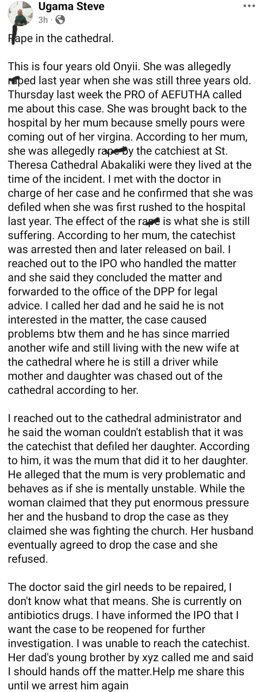 Aid worker accuses church catechist of defiling girl while alleging the girl's biological father failed child
