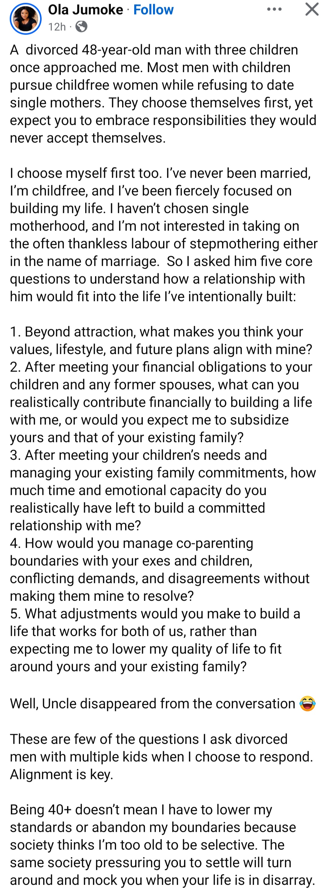 Single woman in her 40s addresses divorced men with children who seek out single childfree women for marriage