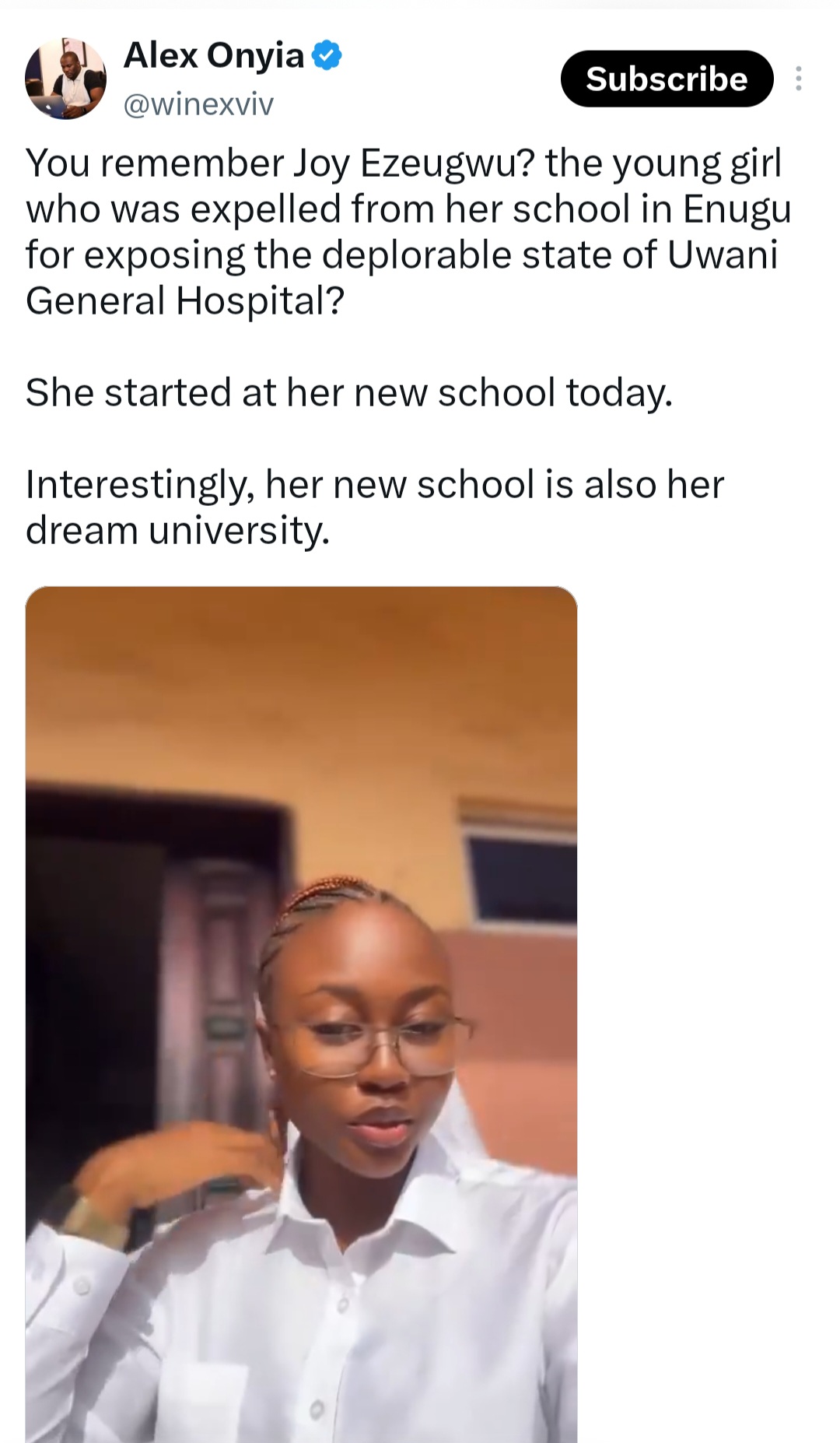 Nursing student 'expelled' for revealing deplorable state of Uwani General Hospital starts afresh at new school