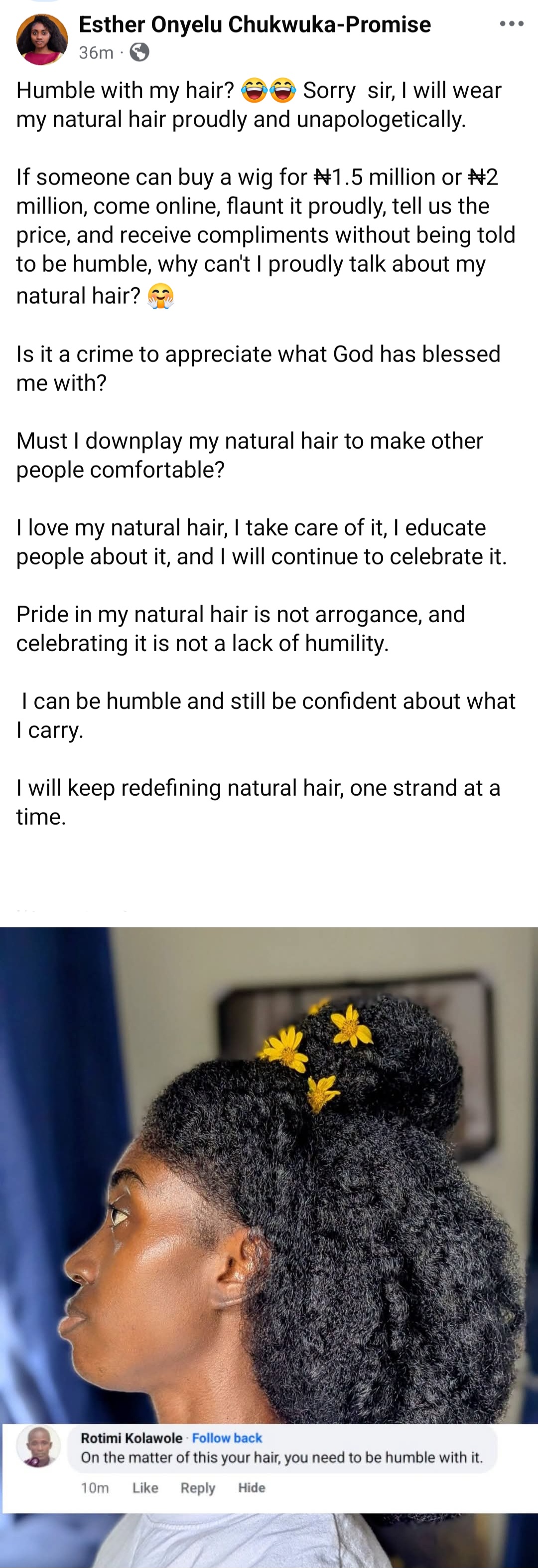 Deeper Life member responds after her church members said her long natural hair is 'worldly'