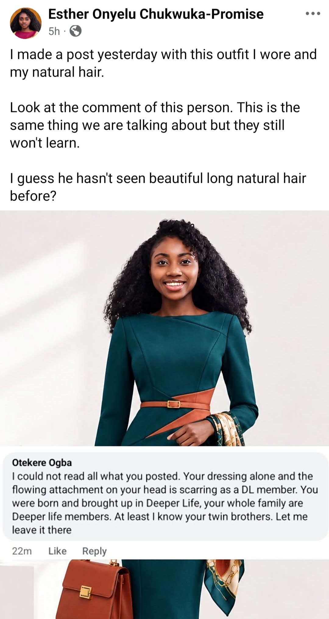Deeper Life member responds after her church members said her long natural hair is 'worldly'