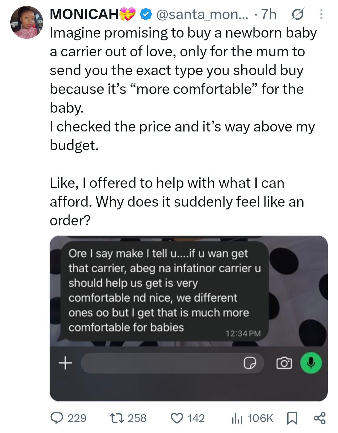Woman shares message she received from a mother after she offered to buy baby carrier for her child