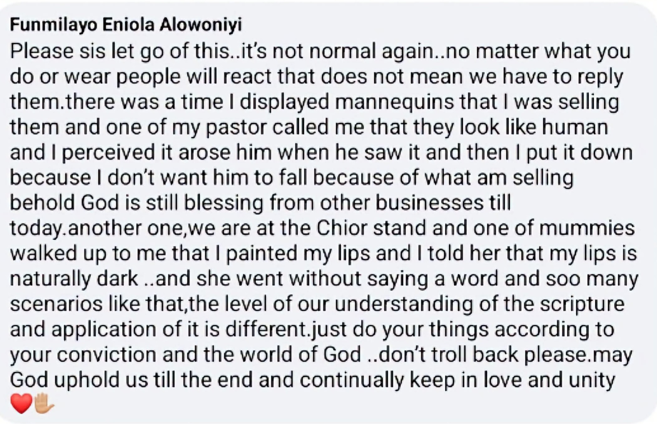 Woman shares how she closed down her business because she did not want her pastor to fall into temptation