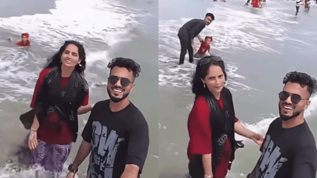 Child nearly swept away by waves as parents film a reel