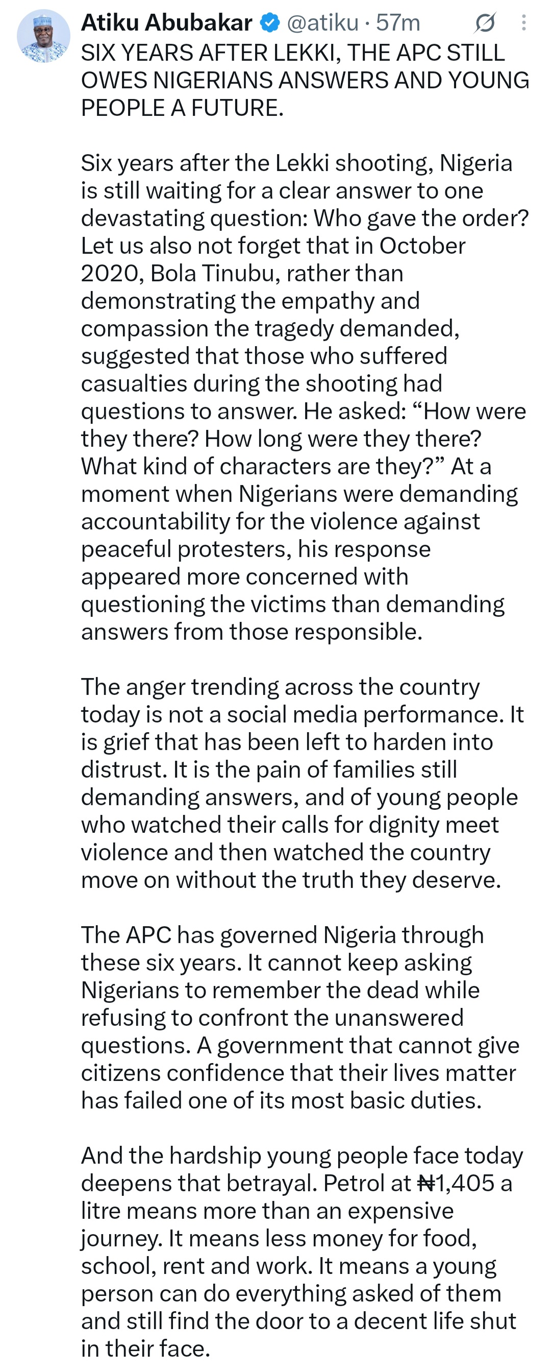 "Who gave the order?" Atiku queries Tinubu and the APC on anniversary of Lekki Toll Gate shooting