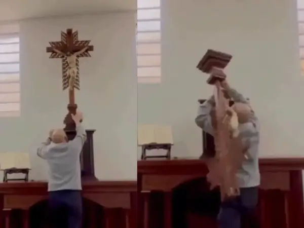 Viral video shows cross falling on another priest