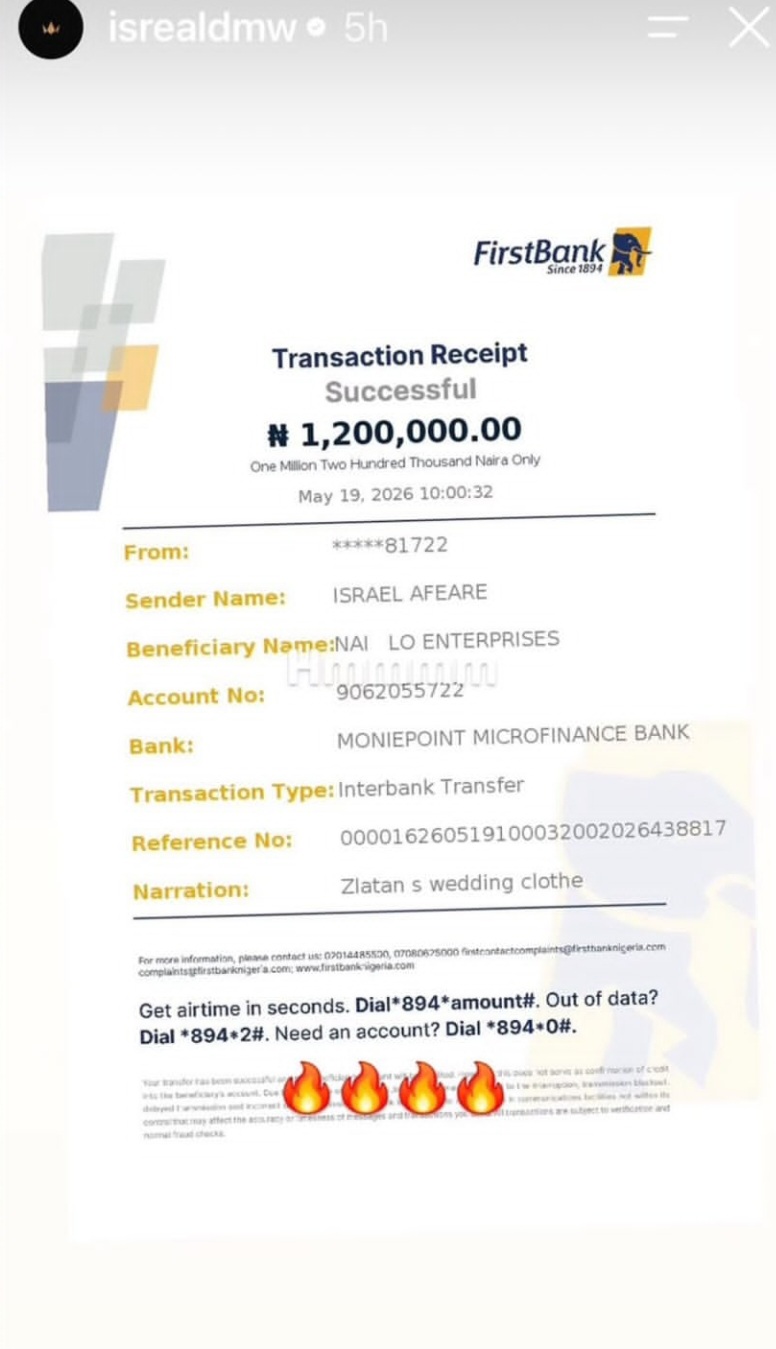 Israel DMW reveals price of singer Zlatan's wedding asoebi; shares payment receipt