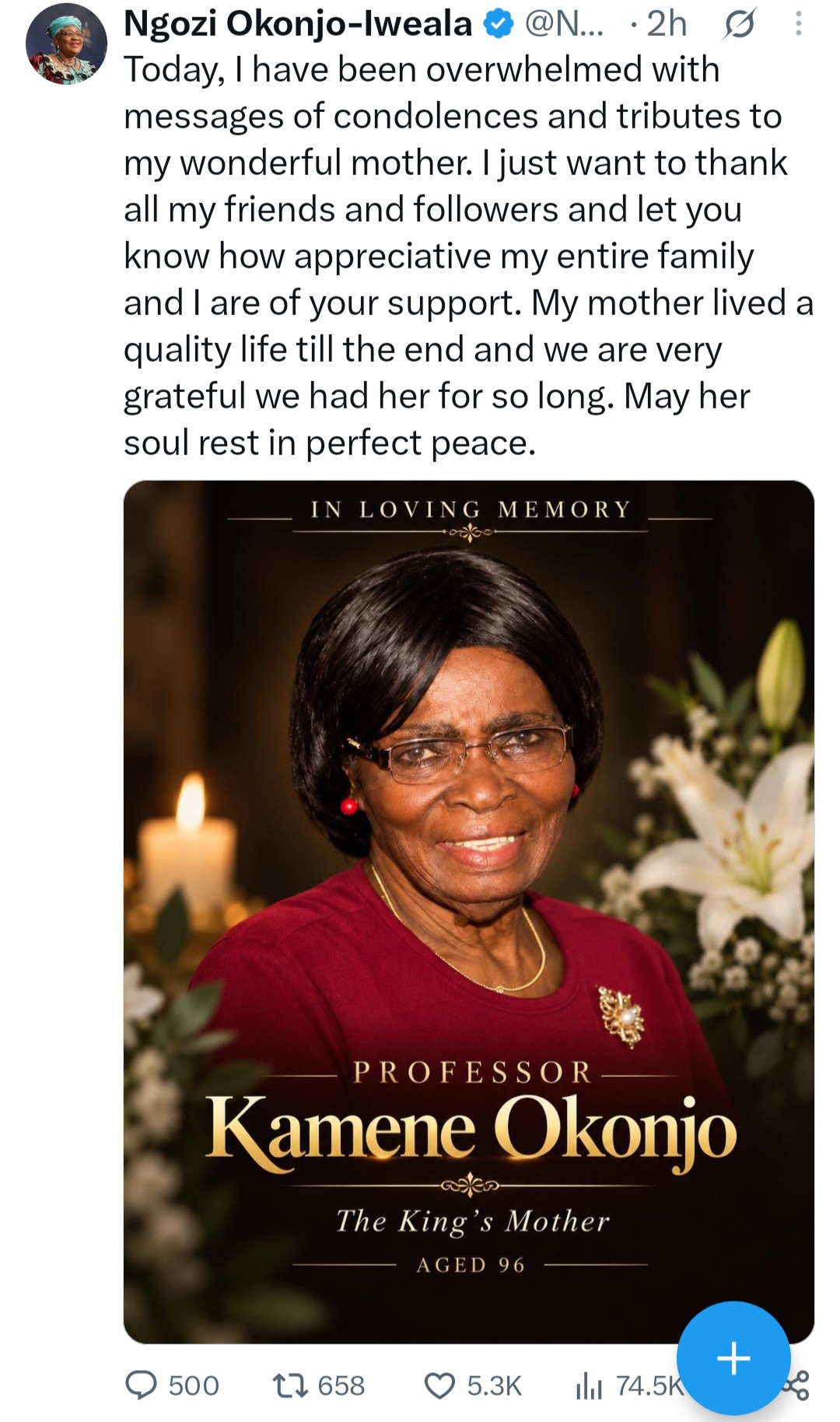 Ngozi Okonjo-Iweala's mother, Prof Kamene Okonjo passes away at 96