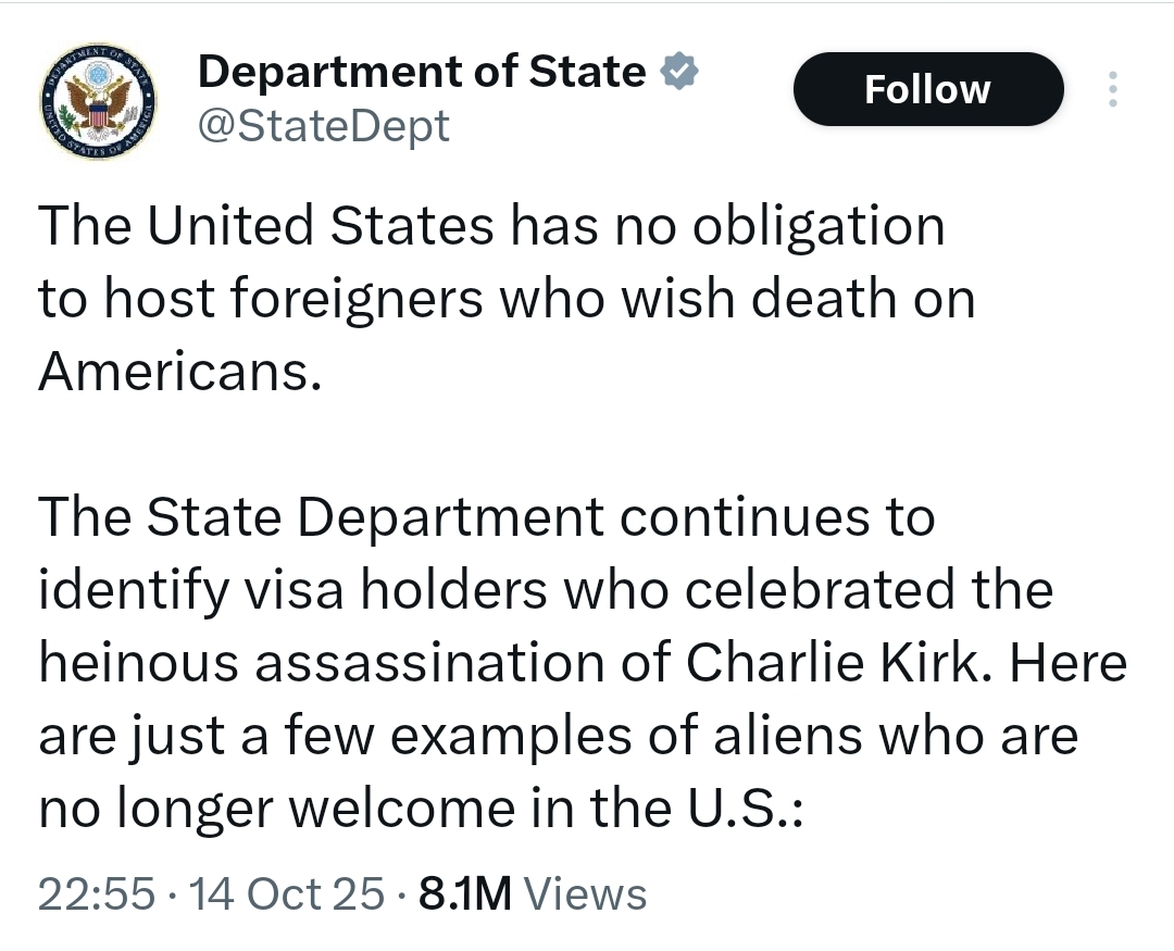 US revokes visas of six foreigners who mocked Charlie Kirk?s death online