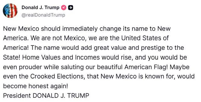Trump proposes renaming state of New Mexico to 'New America'
