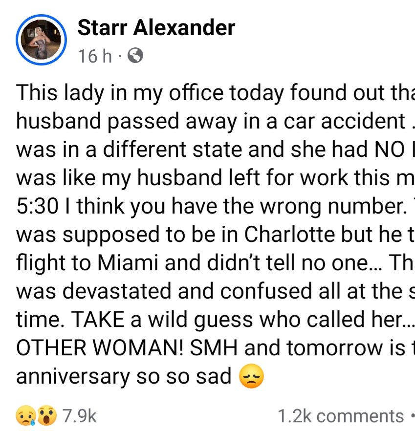 Woman gets call that her husband she thought went to work has died in another state while visiting his mistress