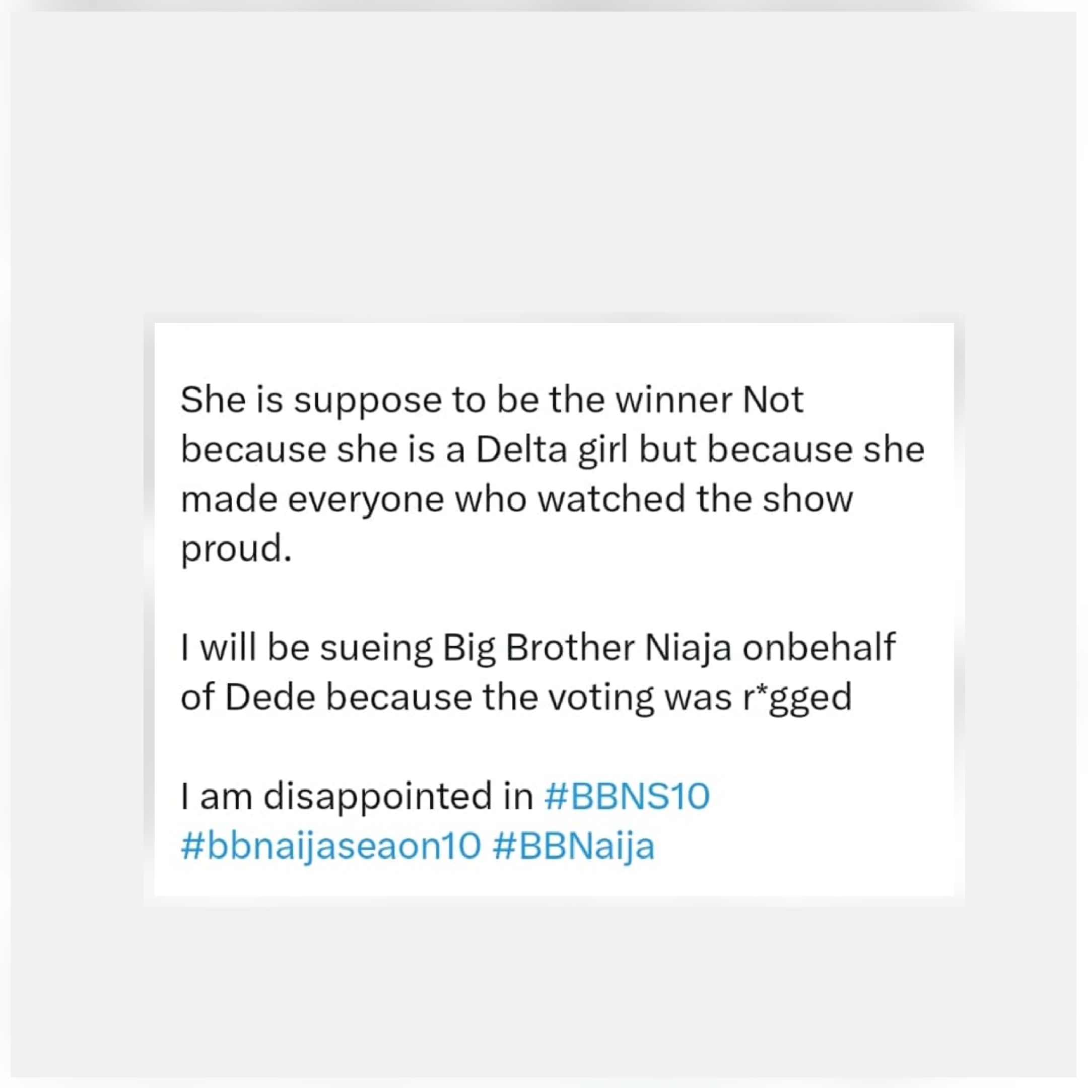 Aide to Delta State Governor Ossai Ovie Success accuses BBNaija organisers of rigging after Dede loses