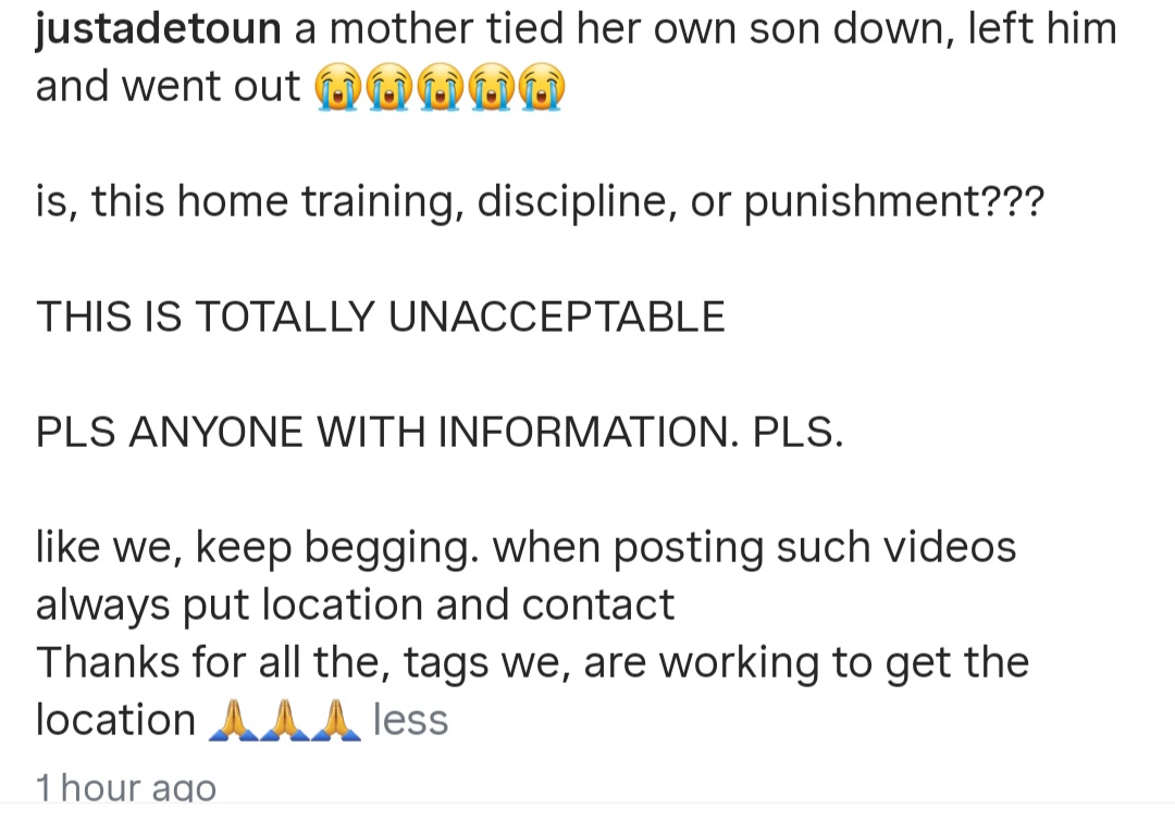 Outrage as mother ties her young son to a wooden column at home and goes out (video)