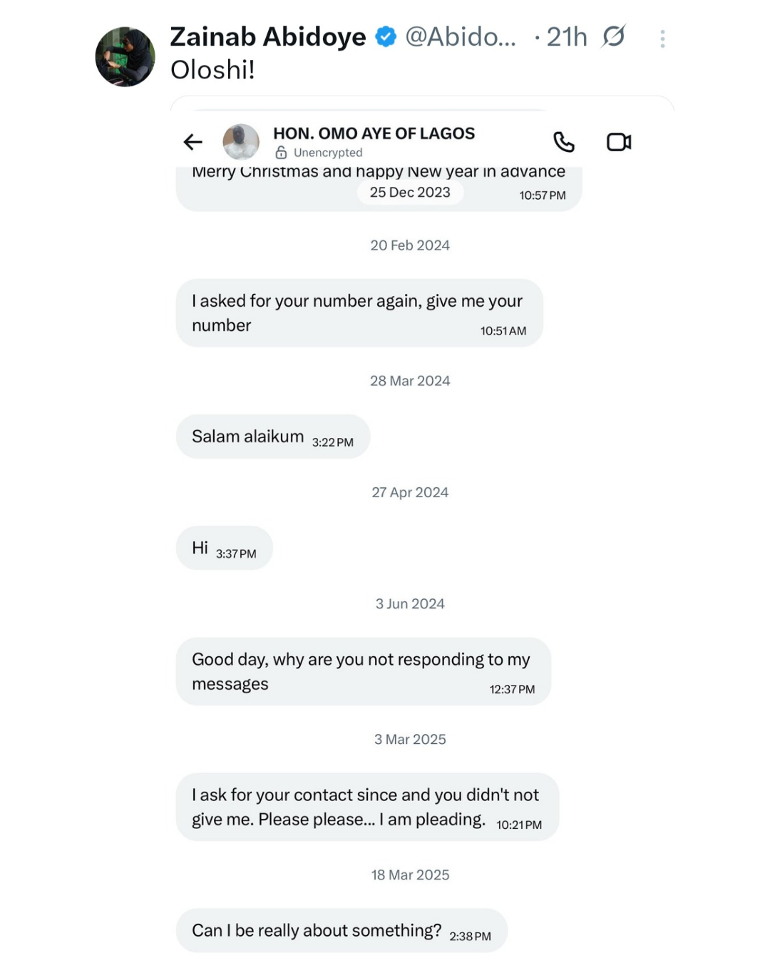 Woman exposes inbox message from "Honorable" who commented "you look dirty" on her photos