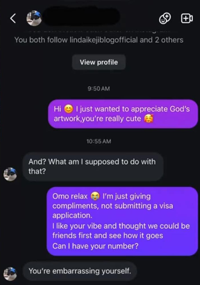Screenshot of a woman’s Instagram DM exchange showing a rude reply from a man