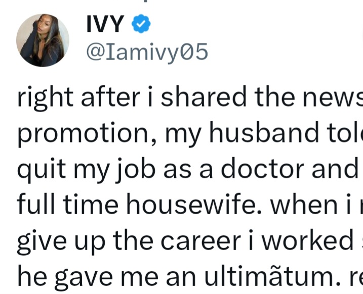 Medical doctor reveals ultimatum her husband gave her after she got promoted at work
