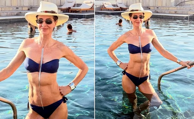 Beauty influencer Trinny Woodall, 62, flaunts her toned abs in a strapless bikini