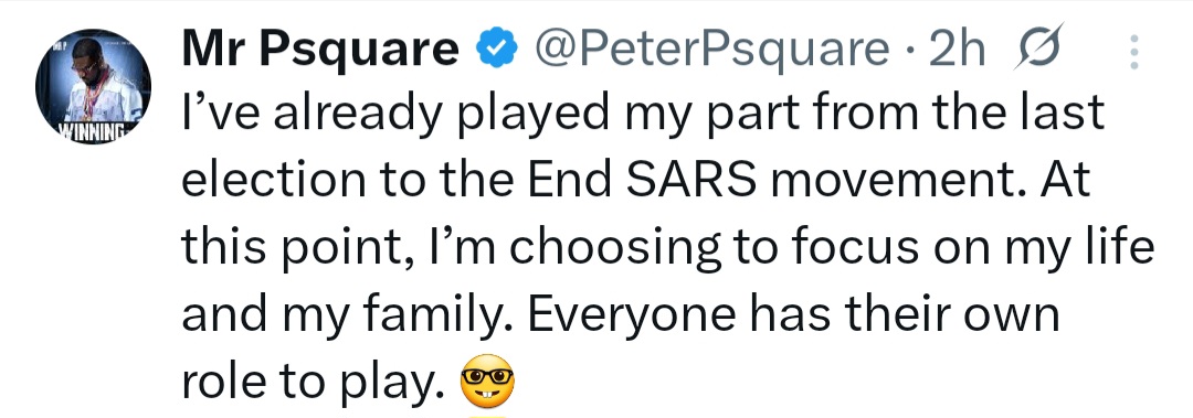 Singer, Peter Okoye responds after being asked why he isn