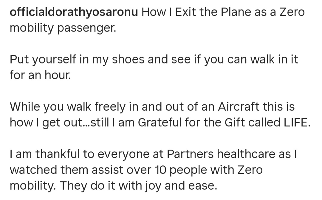 "How I exit the plane as a zero mobility passenger" PWD advocate Dorathy Osaronu shares her reality