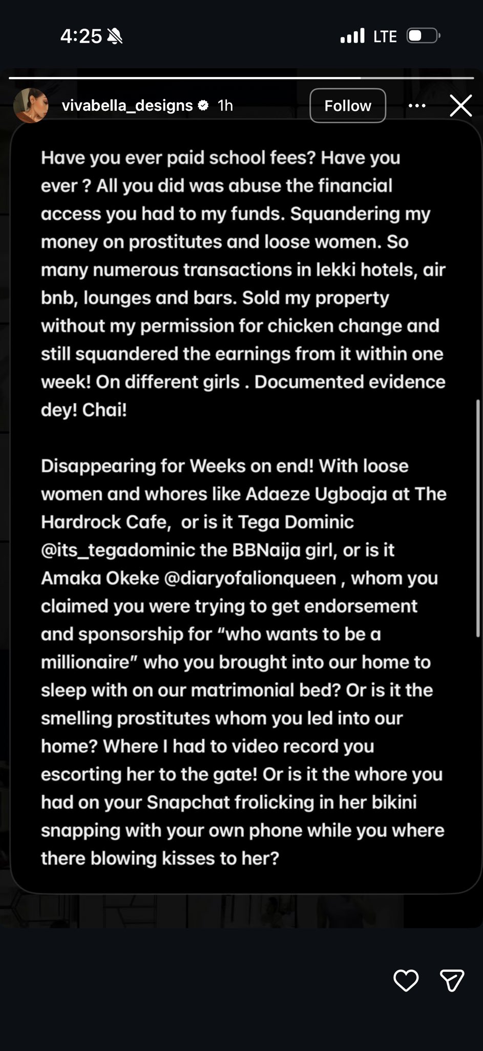 BBNaija star Tega Dominic seemingly responds after Frank Edoho