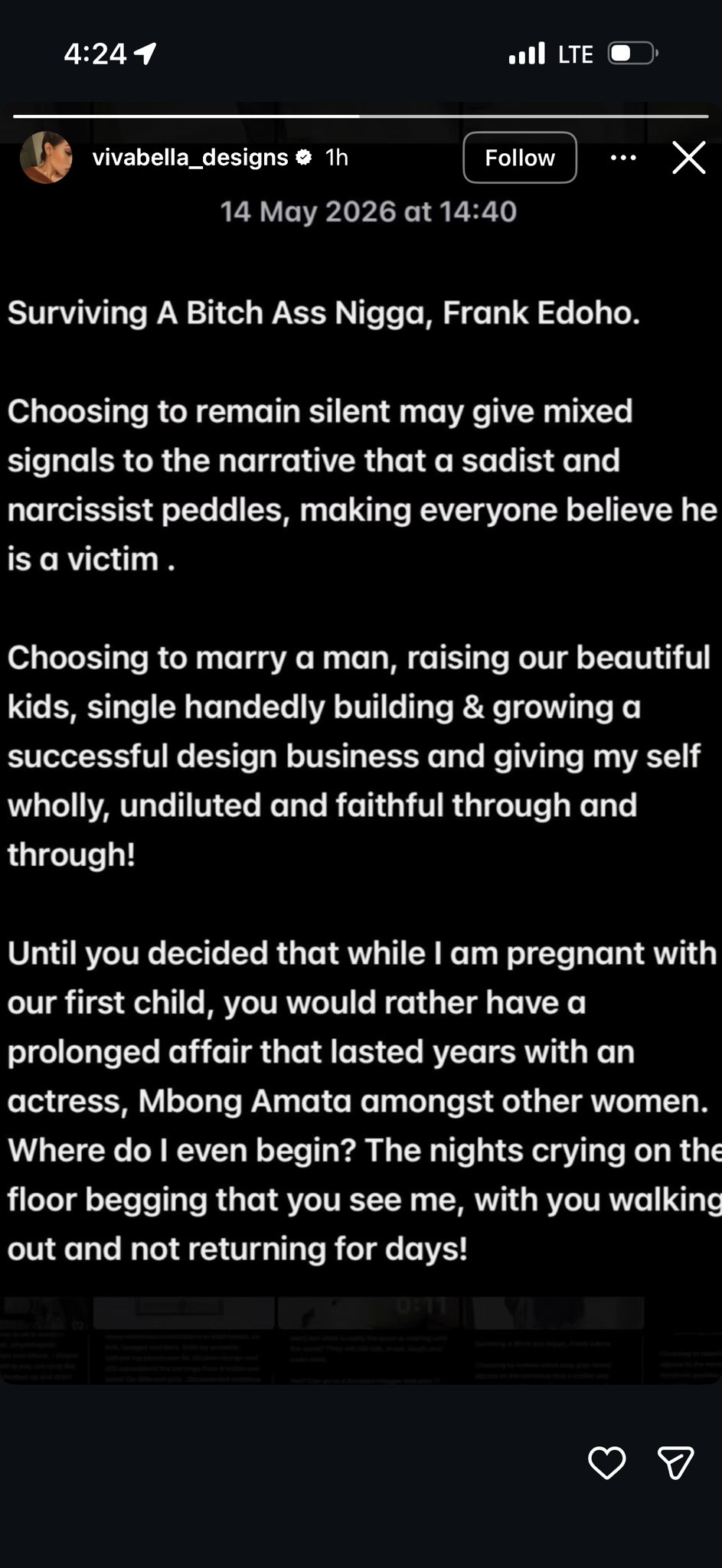 BBNaija star Tega Dominic seemingly responds after Frank Edoho