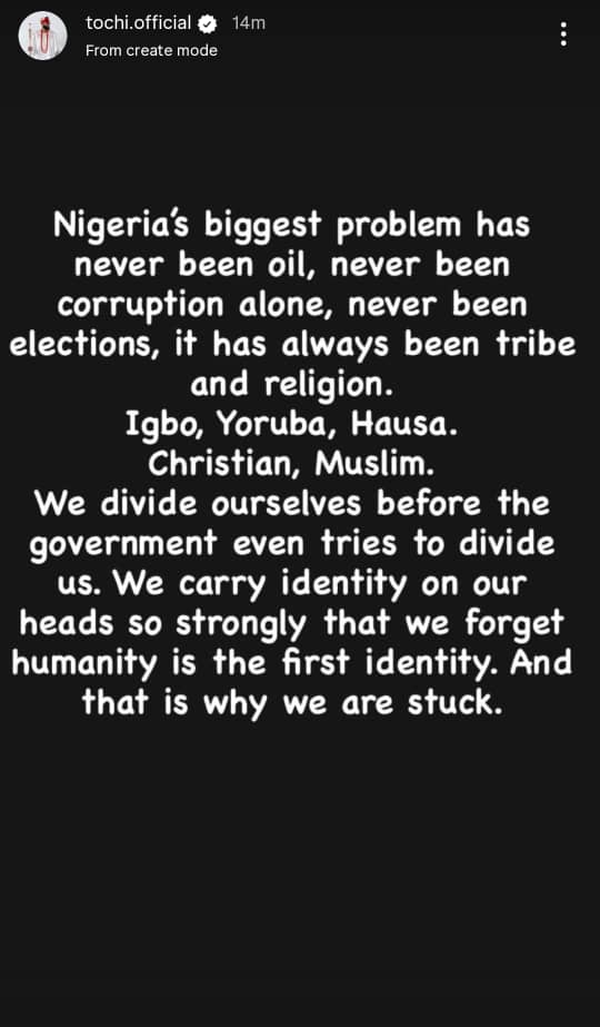 Our real problem is tribe and religion  BBNaijas Tochi shares deep message about Nigeria