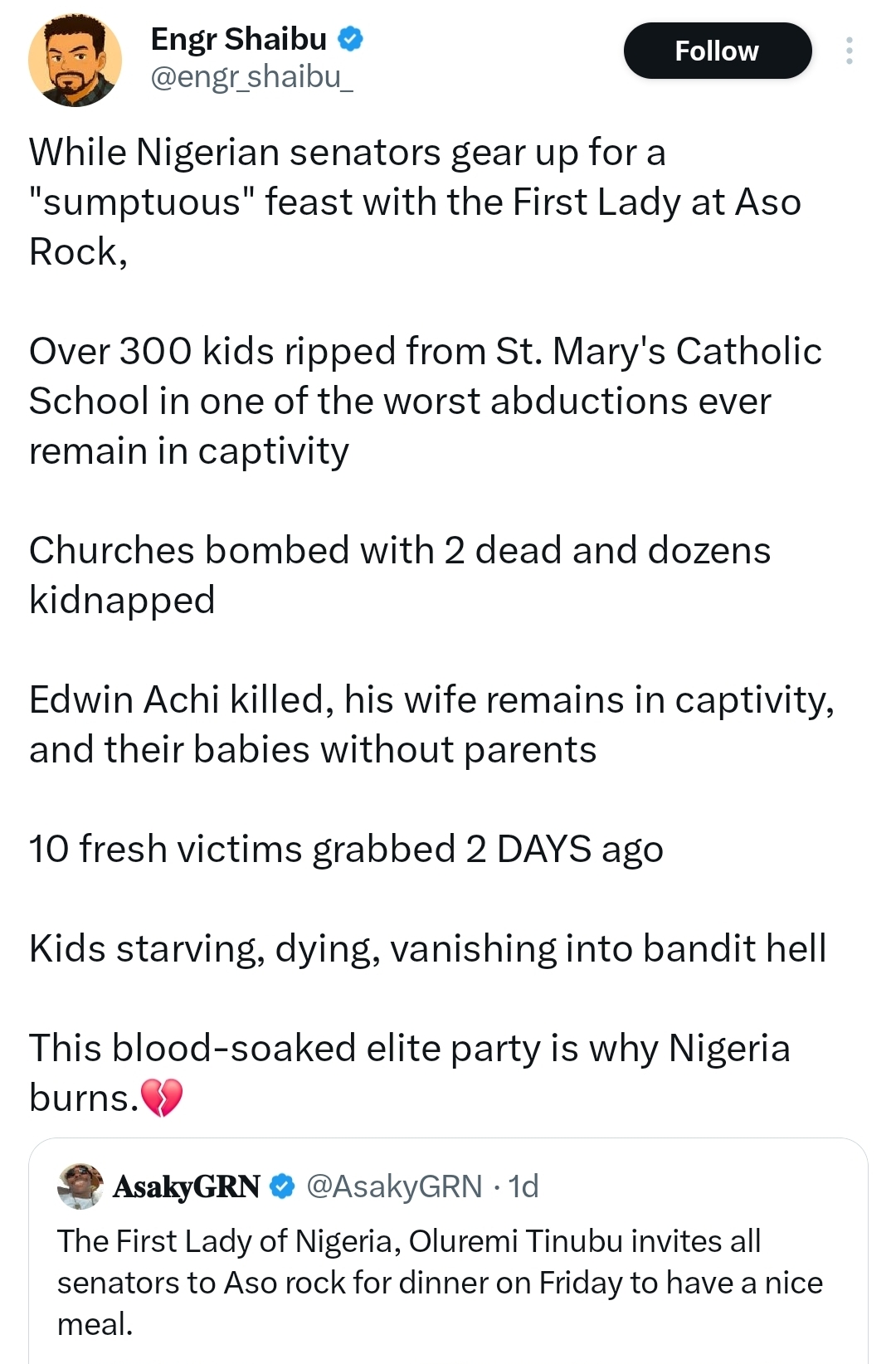 Nigerian man reacts to First Ladys planned dinner with senators amid rising insecurity