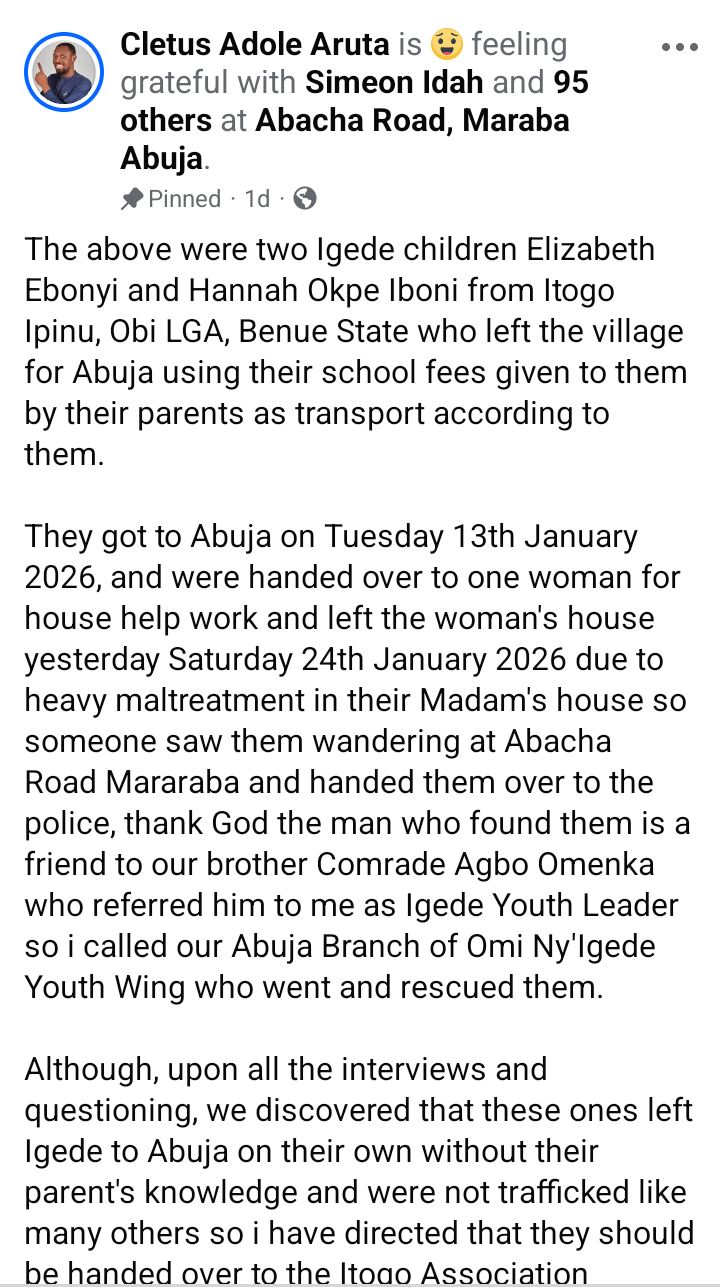 Two Benue teenagers rescued after using their school fees to travel to Abuja